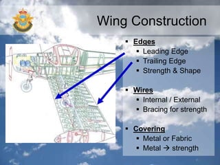 Wing Construction
 Edges
 Leading Edge
 Trailing Edge
 Strength & Shape
 Wires
 Internal / External
 Bracing for strength
 Covering
 Metal or Fabric
 Metal  strength
 