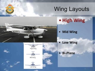 Wing Layouts
• High Wing
• Mid Wing
• Low Wing
• Bi-Plane
 