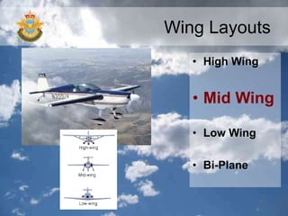 Wing Layouts
• High Wing
• Mid Wing
• Low Wing
• Bi-Plane
 