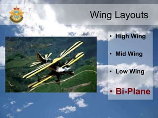 Wing Layouts
• High Wing
• Mid Wing
• Low Wing
• Bi-Plane
 