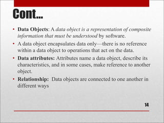 Cont...
• Data Objects: A data object is a representation of composite
information that must be understood by software.
• A data object encapsulates data only—there is no reference
within a data object to operations that act on the data.
• Data attributes: Attributes name a data object, describe its
characteristics, and in some cases, make reference to another
object.
• Relationship: Data objects are connected to one another in
different ways
14
 