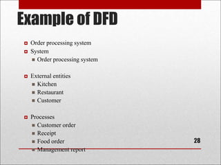 Example of DFD
28
 Order processing system
 System
 Order processing system
 External entities
 Kitchen
 Restaurant
 Customer
 Processes
 Customer order
 Receipt
 Food order
 Management report
 