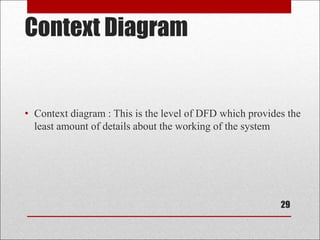 Context Diagram
• Context diagram : This is the level of DFD which provides the
least amount of details about the working of the system
29
 