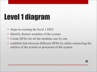 Level 1 diagram
• Steps in creating the level 1 DFD
• Identify distinct modules of the system
• Create DFDs for all the modules one by one
• establish link between different DFDs by either connecting the
entities of the system or processes of the system
31
 