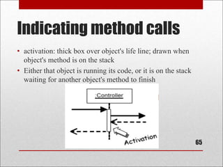 Indicating method calls
• activation: thick box over object's life line; drawn when
object's method is on the stack
• Either that object is running its code, or it is on the stack
waiting for another object's method to finish
65
 