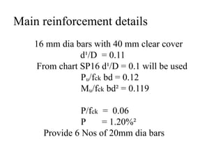 Main reinforcement details
16 mm dia bars with 40 mm clear cover
d¹/D = 0.11
From chart SP16 d¹/D = 0.1 will be used
Pᵤ/fck bd = 0.12
Mᵤ/fck bd² = 0.119
P/fck = 0.06
P = 1.20%²
Provide 6 Nos of 20mm dia bars
 