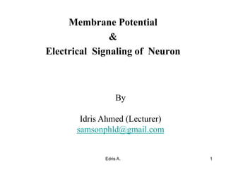 Edris A. 1
Membrane Potential
&
Electrical Signaling of Neuron
By
Idris Ahmed (Lecturer)
samsonphld@gmail.com
 