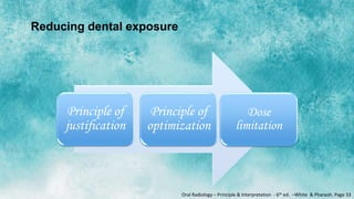 Reducing dental exposure
Principle of
justiﬁcation
Principle of
optimization
Dose
limitation
Oral Radiology – Principle & Interpretation - 6th ed. –White & Pharaoh. Page 33
 