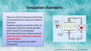 Ionization chambers:
 They are used for personal monitoring
and by physicists to measure radiation
exposure.
 Radiation produce ionization of the air
molecules inside the closed chamber,
which results in a measurable
discharge and hence a direct read out.
 Most accurate method of measuring
radiation dose.
 Direct read out gives immediate
information.
Essentials of Dental Rad. & Radiology. -3rd ed. –Eric Whaites.
 