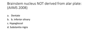 Brainstem nucleus NOT derived from alar plate:
(AIIMS 2008)
a. Dentate
b. b. Inferior olivary
c. Hypoglossal
d. Substantia nigra
 