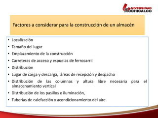Factores a considerar para la construcción de un almacén
• Localización
• Tamaño del lugar
• Emplazamiento de la construcción
• Carreteras de acceso y espuelas de ferrocarril
• Distribución
• Lugar de carga y descarga, áreas de recepción y despacho
• Distribución de las columnas y altura libre necesaria para el
almacenamiento vertical
• Distribución de los pasillos e iluminación,
• Tuberías de calefacción y acondicionamiento del aire
 