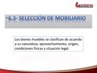 Los bienes muebles se clasifican de acuerdo
a su naturaleza, aprovechamiento, origen,
condiciones físicas y situación legal.
 