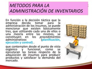 METODOS PARA LA
ADMINISTRACIÓN DE INVENTARIOS
En función a la decisión táctica que la
empresa decida tomar para la
administración de los insumos, se puede
mencionar que existen básicamente
tres, que utilizando cada una de ellos o
una mezcla entre las mismos, se
constituyen en los procedimientos
administrativos (planificación,
ejecución y control) .
que contemplen desde el punto de vista
orgánico y funcional, como se
ejecutaran las tareas respecto de la
adquisición de insumos para producir
productos y satisfacer la demanda del
mercado.
 