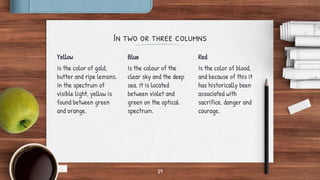 In two or three columns
Yellow
Is the color of gold,
butter and ripe lemons.
In the spectrum of
visible light, yellow is
found between green
and orange.
Blue
Is the colour of the
clear sky and the deep
sea. It is located
between violet and
green on the optical
spectrum.
Red
Is the color of blood,
and because of this it
has historically been
associated with
sacrifice, danger and
courage.
29
 