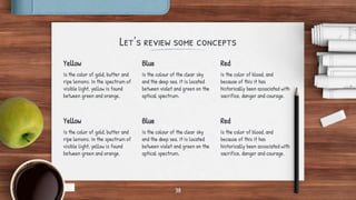 Let’s review some concepts
Yellow
Is the color of gold, butter and
ripe lemons. In the spectrum of
visible light, yellow is found
between green and orange.
Blue
Is the colour of the clear sky
and the deep sea. It is located
between violet and green on the
optical spectrum.
Red
Is the color of blood, and
because of this it has
historically been associated with
sacrifice, danger and courage.
38
Yellow
Is the color of gold, butter and
ripe lemons. In the spectrum of
visible light, yellow is found
between green and orange.
Blue
Is the colour of the clear sky
and the deep sea. It is located
between violet and green on the
optical spectrum.
Red
Is the color of blood, and
because of this it has
historically been associated with
sacrifice, danger and courage.
 
