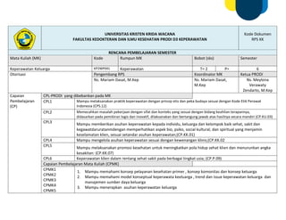 UNIVERSITAS KRISTEN KRIDA WACANA
FAKULTAS KEDOKTERAN DAN ILMU KESEHATAN PRODI D3 KEPERAWATAN
Kode Dokumen
RPS KK
RENCANA PEMBELAJARAN SEMESTER
Mata Kuliah (MK) Kode Rumpun MK Bobot (sks) Semester
Keperawatan Keluarga KP2WP041 Keperawatan T= 2 P= 6
Otorisasi Pengembang RPS Koordinator MK Ketua PRODI
Ns. Mariam Dasat, M.Kep Ns. Mariam Dasat,
M.Kep
Ns. Meylona
Verawaty
Zendarto, M.Kep
Capaian
Pembelajaran
(CP)
CPL-PRODI yang dibebankan pada MK
CPL1 Mampu melaksanakan praktik keperawatan dengan prinsip etis dan peka budaya sesuai dengan Kode Etik Perawat
Indonesia (CPS.12)
CPL2 Memecahkan masalah pekerjaan dengan sifat dan konteks yang sesuai dengan bidang keahlian terapannya,
didasarkan pada pemikiran logis dan inovatif, dilaksanakan dan bertangung jawab atas hasilnya secara mandiri (CP.KU.03)
CPL3
Mampu memberikan asuhan keperawatan kepada individu, keluarga dan kelompok baik sehat, sakit dan
kegawatdaruratanmdengan memperhatikan aspek bio, psiko, social kultural, dan spiritual yang menjamin
keselamatan klien, sesuai setandar asuhan keperawatan;(CP.KK.01)
CPL4 Mampu mengelola asuhan keperawatan sesuai dengan kewenangan klinis;(CP.KK.02
CPL5
Mampu melaksanakan promosi kesehatan untuk meningkatkan pola hidup sehat klien dan menurunkan angka
kesakitan: (CP.KK.07)
CPL6 Keperawatan klien dalam rentang sehat-sakit pada berbagai tingkat usia; (CP.P.09)
Capaian Pembelajaran Mata Kuliah (CPMK)
CPMK1
CPMK2
CPMK3
CPMK4
CPMK5
1. Mampu memahami konsep pelayanan kesehatan primer , konsep komonitas dan konsep keluarga
2. Mampu memahami model konseptual keperawata keeluarga , trend dan issue keperawatan keluarga dan
manajemen sumber daya keluarga
3. Mampu menerapkan asuhan keperawatan keluarga
 