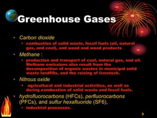 3
Greenhouse Gases
• Carbon dioxide
• combustion of solid waste, fossil fuels (oil, natural
gas, and coal), and wood and wood products
• Methane :
• production and transport of coal, natural gas, and oil.
Methane emissions also result from the
decomposition of organic wastes in municipal solid
waste landfills, and the raising of livestock.
• Nitrous oxide
• agricultural and industrial activities, as well as
during combustion of solid waste and fossil fuels.
• hydrofluorocarbons (HFCs), perfluorocarbons
(PFCs), and sulfur hexafluoride (SF6),
• industrial processes.
 
