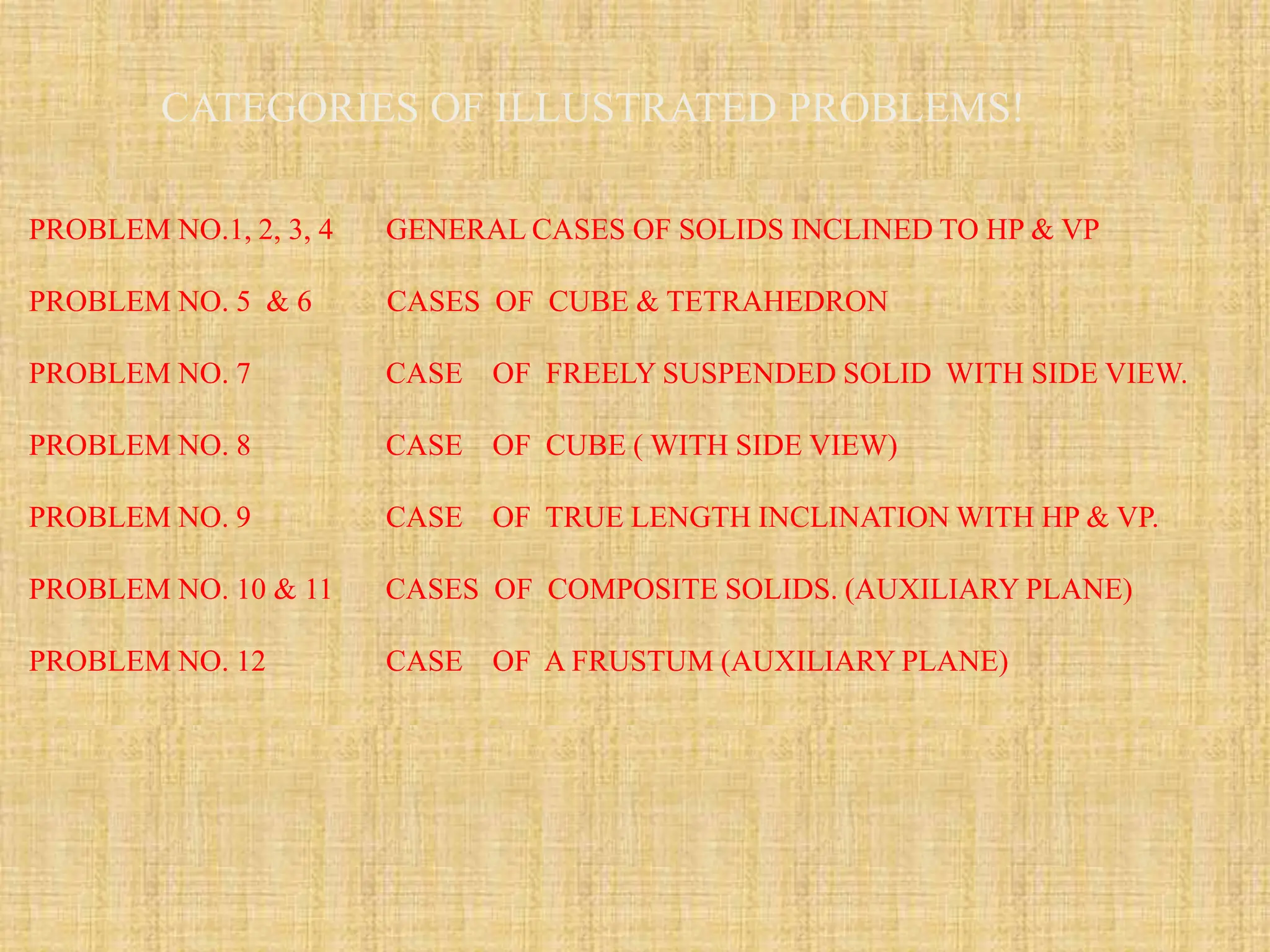 PROBLEM NO.1, 2, 3, 4 GENERAL CASES OF SOLIDS INCLINED TO HP & VP
PROBLEM NO. 5 & 6 CASES OF CUBE & TETRAHEDRON
PROBLEM NO. 7 CASE OF FREELY SUSPENDED SOLID WITH SIDE VIEW.
PROBLEM NO. 8 CASE OF CUBE ( WITH SIDE VIEW)
PROBLEM NO. 9 CASE OF TRUE LENGTH INCLINATION WITH HP & VP.
PROBLEM NO. 10 & 11 CASES OF COMPOSITE SOLIDS. (AUXILIARY PLANE)
PROBLEM NO. 12 CASE OF A FRUSTUM (AUXILIARY PLANE)
CATEGORIES OF ILLUSTRATED PROBLEMS!
 