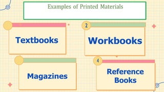 Magazines
Textbooks
Reference
Books
2
Workbooks
4
Examples of Printed Materials
1
3
 