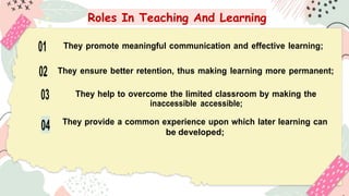 Roles In Teaching And Learning
01 They promote meaningful communication and effective learning;
02 They ensure better retention, thus making learning more permanent;
03 They help to overcome the limited classroom by making the
inaccessible accessible;
They provide a common experience upon which later learning can
be developed;
04
 