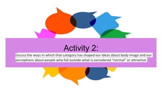 Activity 2:
Discuss the ways in which that category has shaped our ideas about body image and our
perceptions about people who fall outside what is considered “normal” or attractive.
 