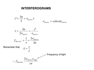 INTERFEROGRAMS


 
 
n
mirror
2 mirror mirror
velocity






 
n
mirror mirror
2
f
n
ector
mirror
det  
1 2



Remember that:



c
 f
cn
ector
mirror light
det
2 
Frequency of light
 