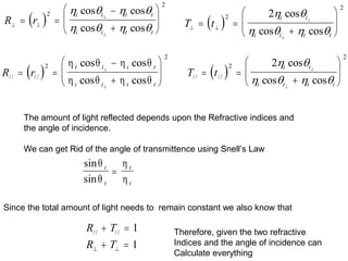  
T t
i i
i i t t
 
 











2
2
2 
   
cos
cos cos
 
T t
i i
i t t i
// //
cos
cos cos
 











2
2
2 
   
 
R r
i i t t
i i t t
 
 












2
2
   
   
cos cos
cos cos
 
R r
t i i t
i i t t
// //
cos cos
cos cos
 












2
2
   
   
The amount of light reflected depends upon the Refractive indices and
the angle of incidence.
We can get Rid of the angle of transmittence using Snell’s Law
sin
sin




i
t
t
i

Since the total amount of light needs to remain constant we also know that
R T
R T
// //
 
 
 
1
1
Therefore, given the two refractive
Indices and the angle of incidence can
Calculate everything
 