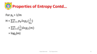 Properties of Entropy Contd…
For pk = 1/m
H = 𝑘=1
𝑚
𝑝𝑘𝑙𝑜𝑔2(
1
𝑝𝑘
)
= 𝑘=1
𝑚
(
1
𝑚
)𝑙𝑜𝑔2(𝑚)
= log2(m)
Dipak Mahurkar ECE Department 12
 
