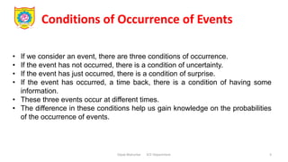 Conditions of Occurrence of Events
Dipak Mahurkar ECE Department 3
• If we consider an event, there are three conditions of occurrence.
• If the event has not occurred, there is a condition of uncertainty.
• If the event has just occurred, there is a condition of surprise.
• If the event has occurred, a time back, there is a condition of having some
information.
• These three events occur at different times.
• The difference in these conditions help us gain knowledge on the probabilities
of the occurrence of events.
 