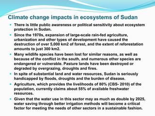 Climate change impacts in ecosystems of Sudan
! There is little public awareness or political sensitivity about ecosystem
protection in Sudan.
! Since the 1970s, expansion of large-scale rain-fed agriculture,
urbanization and other types of development have caused the
destruction of over 5,000 km2 of forest, and the extent of reforestation
amounts to just 300 km2.
! Many wildlife species have been lost for similar reasons, as well as
because of the conflict in the south, and numerous other species are
endangered or vulnerable. Pasture lands have been destroyed or
degraded by overgrazing, droughts and fires.
! In spite of substantial land and water resources, Sudan is seriously
handicapped by floods, droughts and the burden of disease.
! Agriculture, which provides the livelihoods of 80% (CBS- 2010) of the
population, currently claims about 55% of available freshwater
resources.
! Given that the water use in this sector may as much as double by 2025,
water saving through better irrigation methods will become a critical
factor for meeting the needs of other sectors in a sustainable fashion.
 