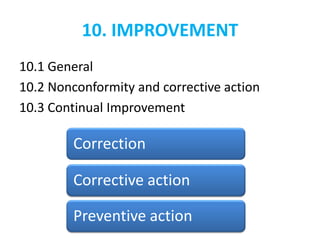 10. IMPROVEMENT
10.1 General
10.2 Nonconformity and corrective action
10.3 Continual Improvement
Correction
Corrective action
Preventive action
 