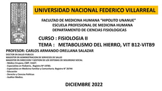 CURSO : FISIOLOGIA II
TEMA : METABOLISMO DEL HIERRO, VIT B12-VITB9
UNIVERSIDAD NACIONAL FEDERICO VILLARREAL
FACULTAD DE MEDICINA HUMANA “HIPOLITO UNANUE”
ESCUELA PROFESIONAL DE MEDICINA HUMANA
DEPARTAMENTO DE CIENCIAS FISIOLOGICAS
PROFESOR: CARLOS ARMANDO ORELLANA SALAZAR
DOCTOR EN SALUD PUBLICA
MAGISTER EN ADMINISTRACION DE SERVICIOS DE SALUD
MAGISTER EN DIRECCION Y GESTION DE LOS SISTEMAS DE SEGURIDAD SOCIAL
- Médico Cirujano, CMP: 31627.
- Especialista en Pediatría.. Registro Nº 19783.
- Especialista en Medicina Familiar y Comunitaria. Registro N° 26744
- Educación
- Derecho y Ciencias Políticas
- Auditor Medico.
DICIEMBRE 2022
 