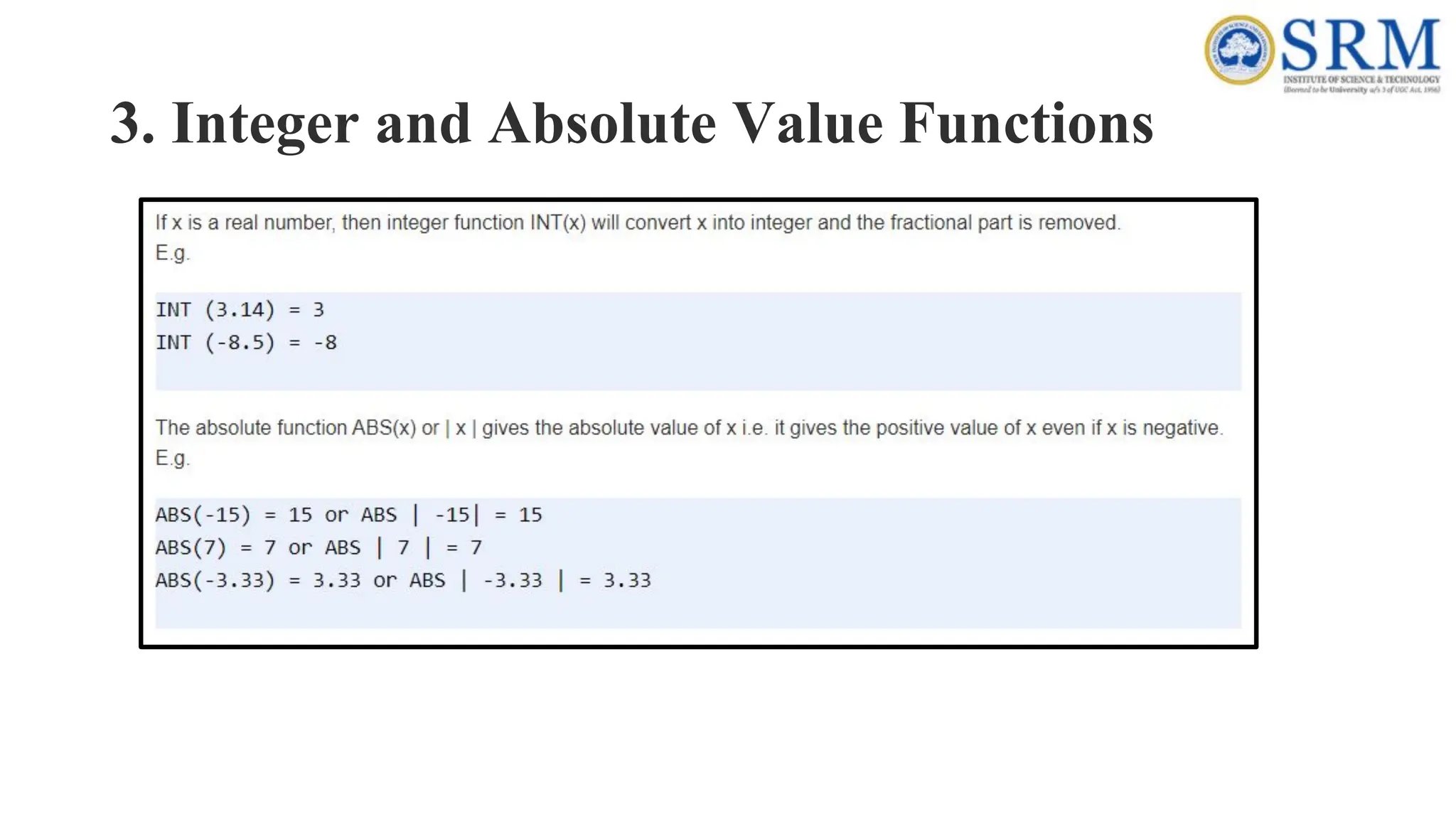 3. Integer and Absolute Value Functions
 