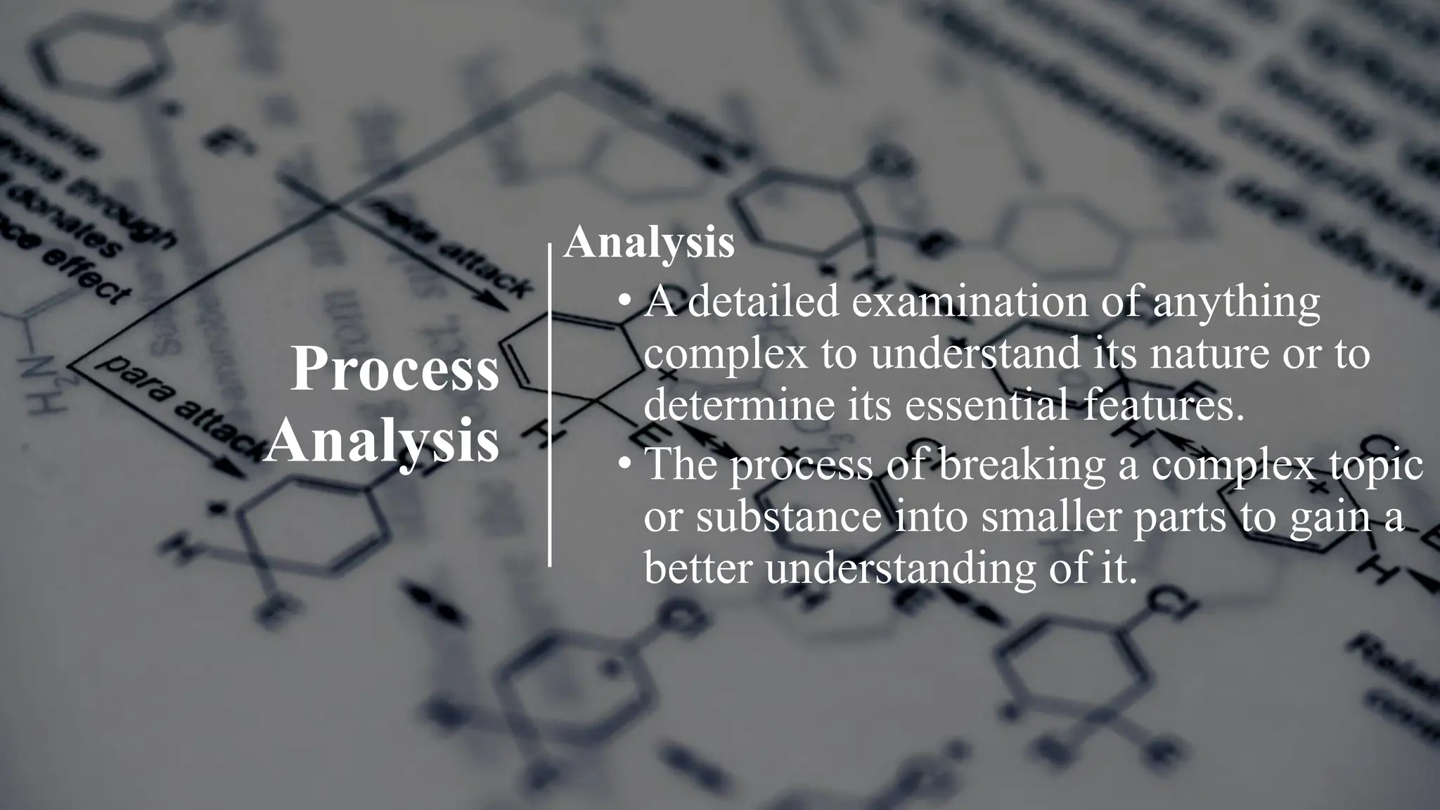 Process
Analysis
Analysis
• A detailed examination of anything
complex to understand its nature or to
determine its essential features.
• The process of breaking a complex topic
or substance into smaller parts to gain a
better understanding of it.
 