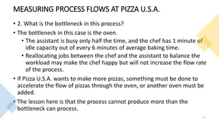 MEASURING PROCESS FLOWS AT PIZZA U.S.A.
• 2. What is the bottleneck in this process?
• The bottleneck in this case is the oven.
• The assistant is busy only half the time, and the chef has 1 minute of
idle capacity out of every 6 minutes of average baking time.
• Reallocating jobs between the chef and the assistant to balance the
workload may make the chef happy but will not increase the flow rate
of the process.
• If Pizza U.S.A. wants to make more pizzas, something must be done to
accelerate the flow of pizzas through the oven, or another oven must be
added.
• The lesson here is that the process cannot produce more than the
bottleneck can process.
31
 