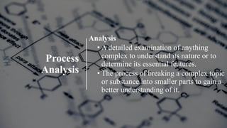 Process
Analysis
Analysis
• A detailed examination of anything
complex to understand its nature or to
determine its essential features.
• The process of breaking a complex topic
or substance into smaller parts to gain a
better understanding of it.
 