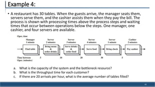 • A restaurant has 30 tables. When the guests arrive, the manager seats them,
servers serve them, and the cashier assists them when they pay the bill. The
process is shown with processing times above the process steps and waiting
times that occur between operations below the steps. One manager, one
cashier, and four servers are available.
a. What is the capacity of the system and the bottleneck resource?
b. What is the throughput time for each customer?
c. If there are 20 arrivals per hour, what is the average number of tables filled?
Example 4:
42
 