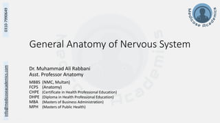 info@medicoseacademics.com
0310-7990649
General Anatomy of Nervous System
Dr. Muhammad Ali Rabbani
Asst. Professor Anatomy
MBBS (NMC, Multan)
FCPS (Anatomy)
CHPE (Certificate in Health Professional Education)
DHPE (Diploma in Health Professional Education)
MBA (Masters of Business Administration)
MPH (Masters of Public Health)
 