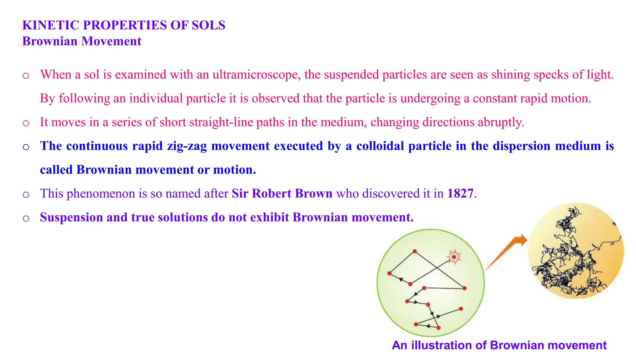KINETIC PROPERTIES OF SOLS
Brownian Movement
An illustration of Brownian movement
o When a sol is examined with an ultramicroscope, the suspended particles are seen as shining specks of light.
By following an individual particle it is observed that the particle is undergoing a constant rapid motion.
o It moves in a series of short straight-line paths in the medium, changing directions abruptly.
o The continuous rapid zig-zag movement executed by a colloidal particle in the dispersion medium is
called Brownian movement or motion.
o This phenomenon is so named after Sir Robert Brown who discovered it in 1827.
o Suspension and true solutions do not exhibit Brownian movement.
 