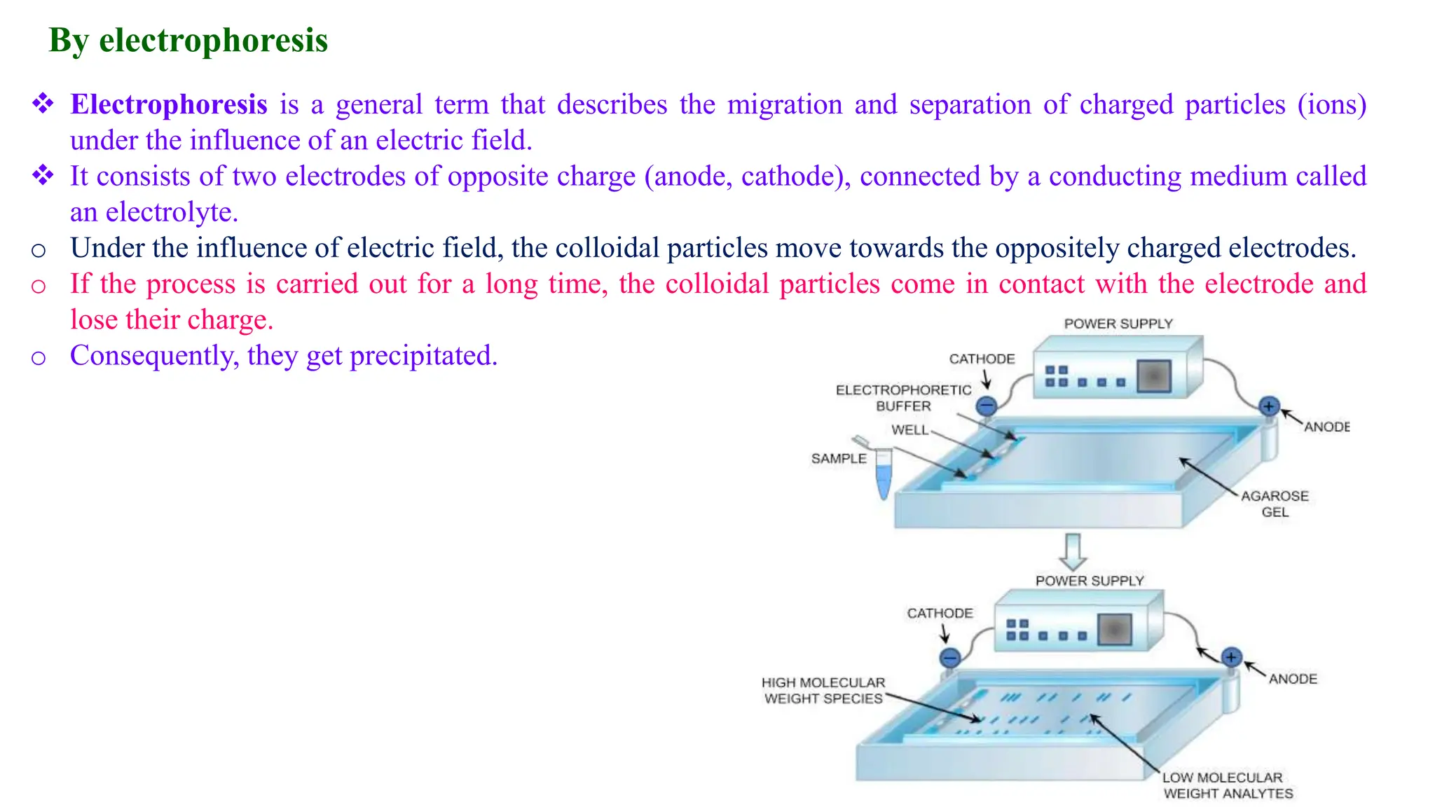 By electrophoresis
 Electrophoresis is a general term that describes the migration and separation of charged particles (ions)
under the influence of an electric field.
 It consists of two electrodes of opposite charge (anode, cathode), connected by a conducting medium called
an electrolyte.
o Under the influence of electric field, the colloidal particles move towards the oppositely charged electrodes.
o If the process is carried out for a long time, the colloidal particles come in contact with the electrode and
lose their charge.
o Consequently, they get precipitated.
 