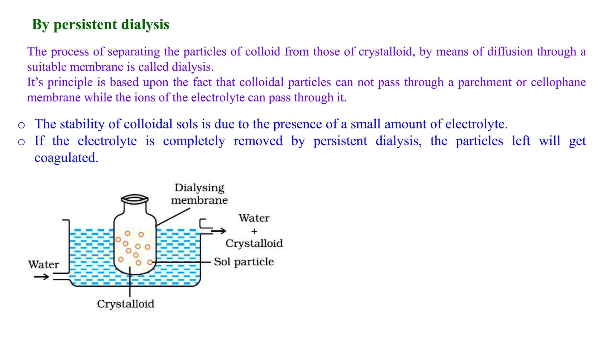 o The stability of colloidal sols is due to the presence of a small amount of electrolyte.
o If the electrolyte is completely removed by persistent dialysis, the particles left will get
coagulated.
By persistent dialysis
The process of separating the particles of colloid from those of crystalloid, by means of diffusion through a
suitable membrane is called dialysis.
It’s principle is based upon the fact that colloidal particles can not pass through a parchment or cellophane
membrane while the ions of the electrolyte can pass through it.
 