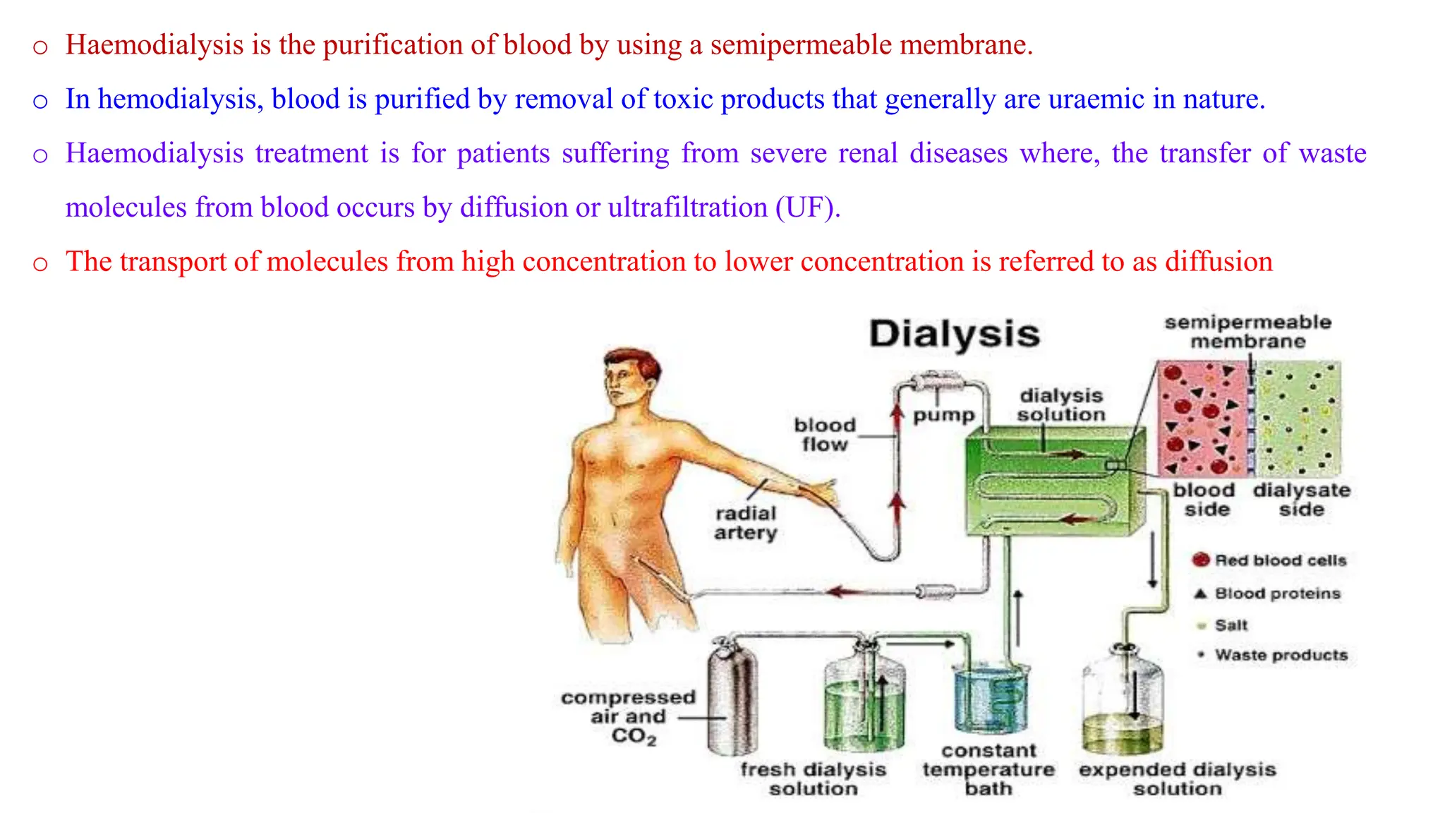 o Haemodialysis is the purification of blood by using a semipermeable membrane.
o In hemodialysis, blood is purified by removal of toxic products that generally are uraemic in nature.
o Haemodialysis treatment is for patients suffering from severe renal diseases where, the transfer of waste
molecules from blood occurs by diffusion or ultrafiltration (UF).
o The transport of molecules from high concentration to lower concentration is referred to as diffusion
 