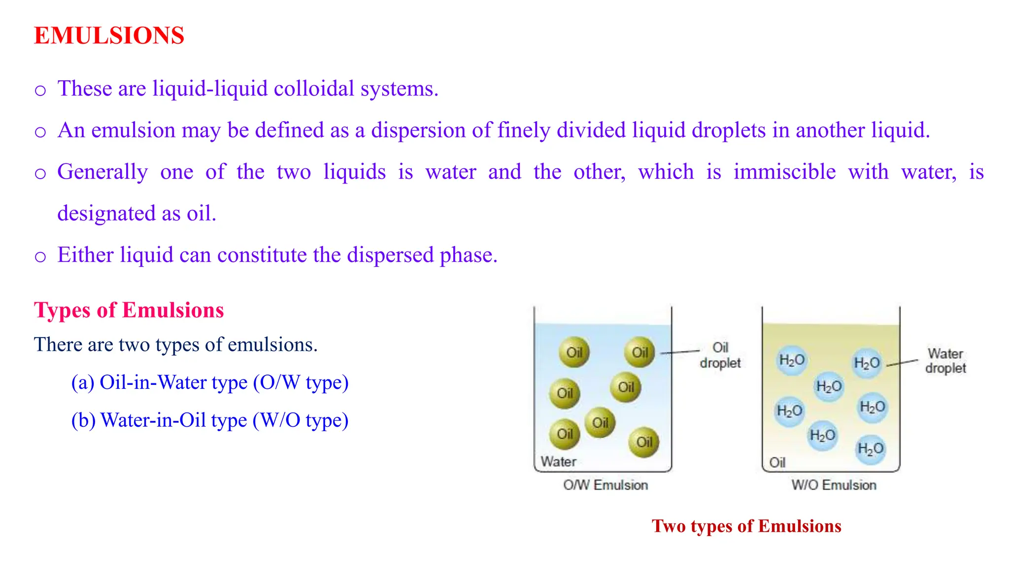 EMULSIONS
o These are liquid-liquid colloidal systems.
o An emulsion may be defined as a dispersion of finely divided liquid droplets in another liquid.
o Generally one of the two liquids is water and the other, which is immiscible with water, is
designated as oil.
o Either liquid can constitute the dispersed phase.
Types of Emulsions
There are two types of emulsions.
(a) Oil-in-Water type (O/W type)
(b) Water-in-Oil type (W/O type)
Two types of Emulsions
 