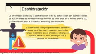 El cuadro clínico se origina por la excesiva pérdida de
agua y electrólitos, que comporta un compromiso
variable inicialmente a nivel circulatorio, si bien puede
aparecer afectación renal, neurológica (SNC),
pulmonar o a otros niveles.
Deshidratación
La enfermedad diarreica y la deshidratación como su complicación dan cuenta de cerca
de 30% de todas las muertes de niños menores de cinco años en el mundo; entre 6 000
y 8 000 niños mueren al día debido a diarrea y deshidratación.
Figueroa, Y. B. C. B. (2008). Manual de tratamiento de la diarrea en niños.
 