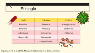 <1año 1-4 años >5 años
Rotavirus Rotavirus Campylobacter
Norovirus Norovirus Salmonella
Adenovirus Adenovirus Rotavirus
Salmonella Salmonella
Campylobacter
Etiología
Figueroa, Y. B. C. B. (2008). Manual de tratamiento de la diarrea en niños.
 