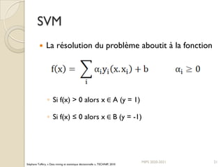 SVM
 La résolution du problème aboutit à la fonction
◦ Si f(x) > 0 alors x ∈ A (y = 1)
◦ Si f(x) ≤ 0 alors x ∈ B (y = -1)
MIPS 2020-2021 21
Stéphane Tufféry, « Data mining et statistique décisionnelle », TECHNIP, 2010
 