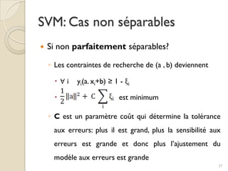  Si non parfaitement séparables?
◦ Les contraintes de recherche de (a , b) deviennent
 ∀ i yi(a. xi+b) ≥ 1 - ξi
 est minimum
◦ C est un paramètre coût qui détermine la tolérance
aux erreurs: plus il est grand, plus la sensibilité aux
erreurs est grande et donc plus l’ajustement du
modèle aux erreurs est grande
SVM: Cas non séparables
27
 