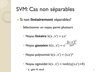  Si non linéairement séparables?
◦ Sélectionner un noyau parmi plusieurs
 Noyau linéaire: k(x , x’) = x.x’
 Noyau gaussien: k(x , x’) =
 Noyau polynomial: k(x , x’) = (x.x’)d
 Noyau sigmoïdal: k(x , x’) = tanh(ϗ(x.x’)+θ)
 ϗ : gain θ: seuil
SVM: Cas non séparables
33
 