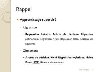 Rappel
 Apprentissage supervisé
◦ Régression
 Régression linéaire, Arbres de décision, Régression
polynomiale, Régression rigide, Régression lasso, Réseaux de
neurones
◦ Classement
 Arbres de décision, KNN, Régression logistique, Naïve
Bayes, SVM, Réseaux de neurones
7
MIPS 2020-2021
 