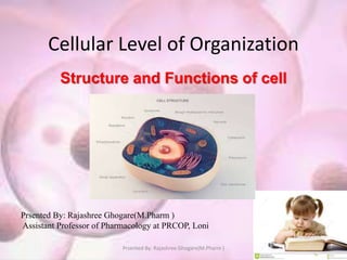 Cellular Level of Organization
Structure and Functions of cell
Prsented By: Rajashree Ghogare(M.Pharm )
Assistant Professor of Pharmacology at PRCOP, Loni
Prsented By: Rajashree Ghogare(M.Pharm )
 